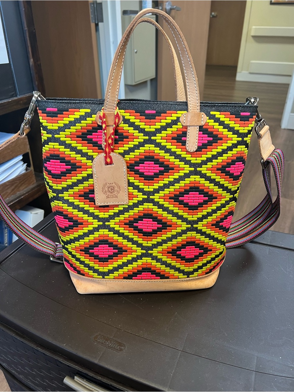 Consuela Neon Yellow, Hot Pink & Black Woven Tote with Tan Leather Trim